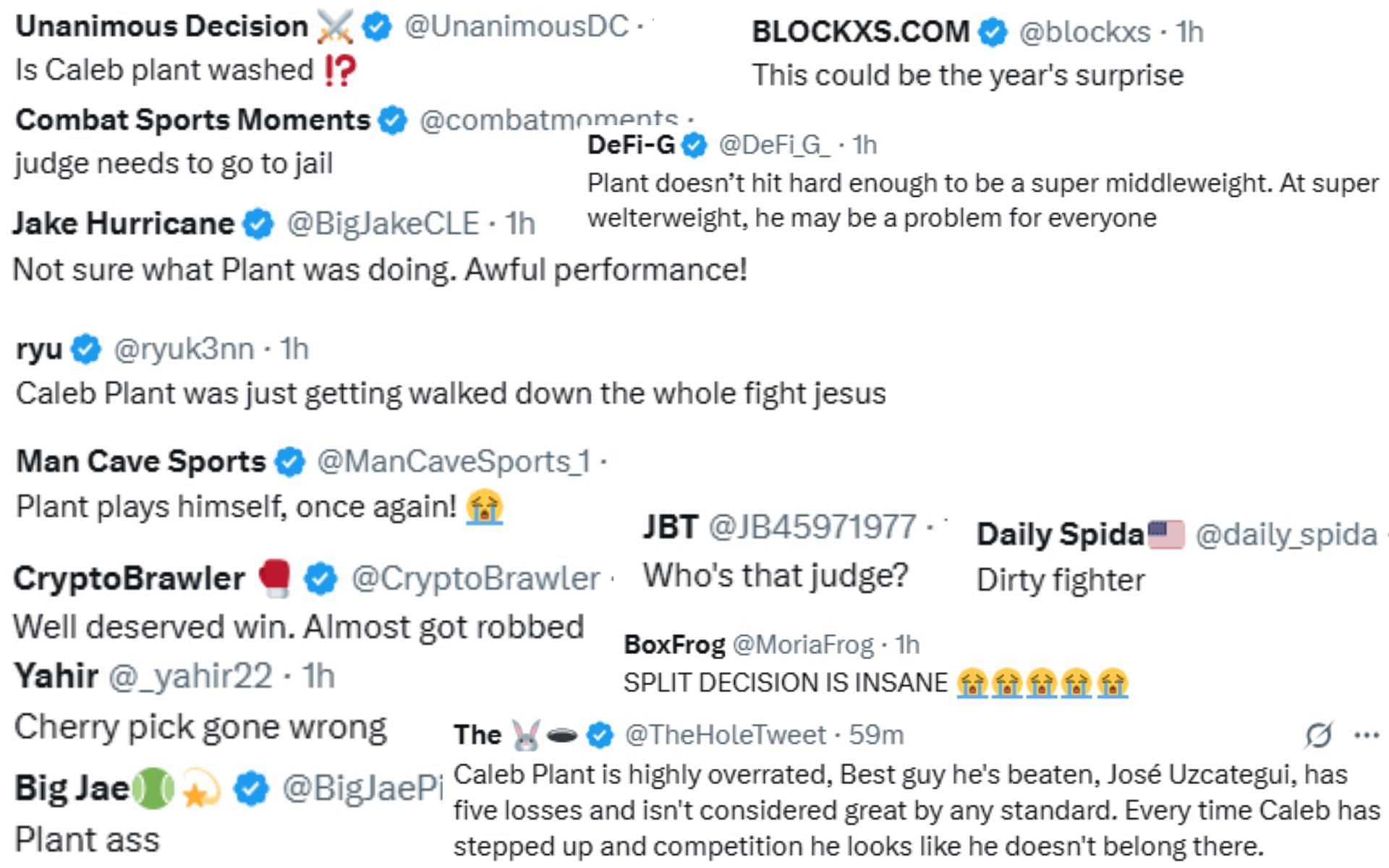 Screenshot of fan reactions to Caleb Plant's loss to Armando Resendiz